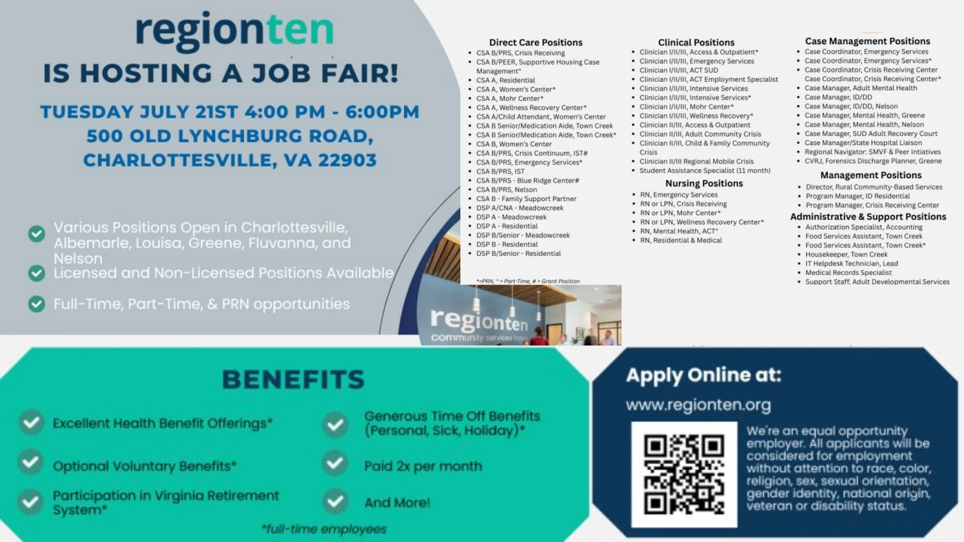 Region Ten job fair flyer with event details, benefits, open positions, and a QR code for online applications. The event is July 21, 4-6 PM, at 500 Old Lynchburg Rd, Charlottesville, VA.