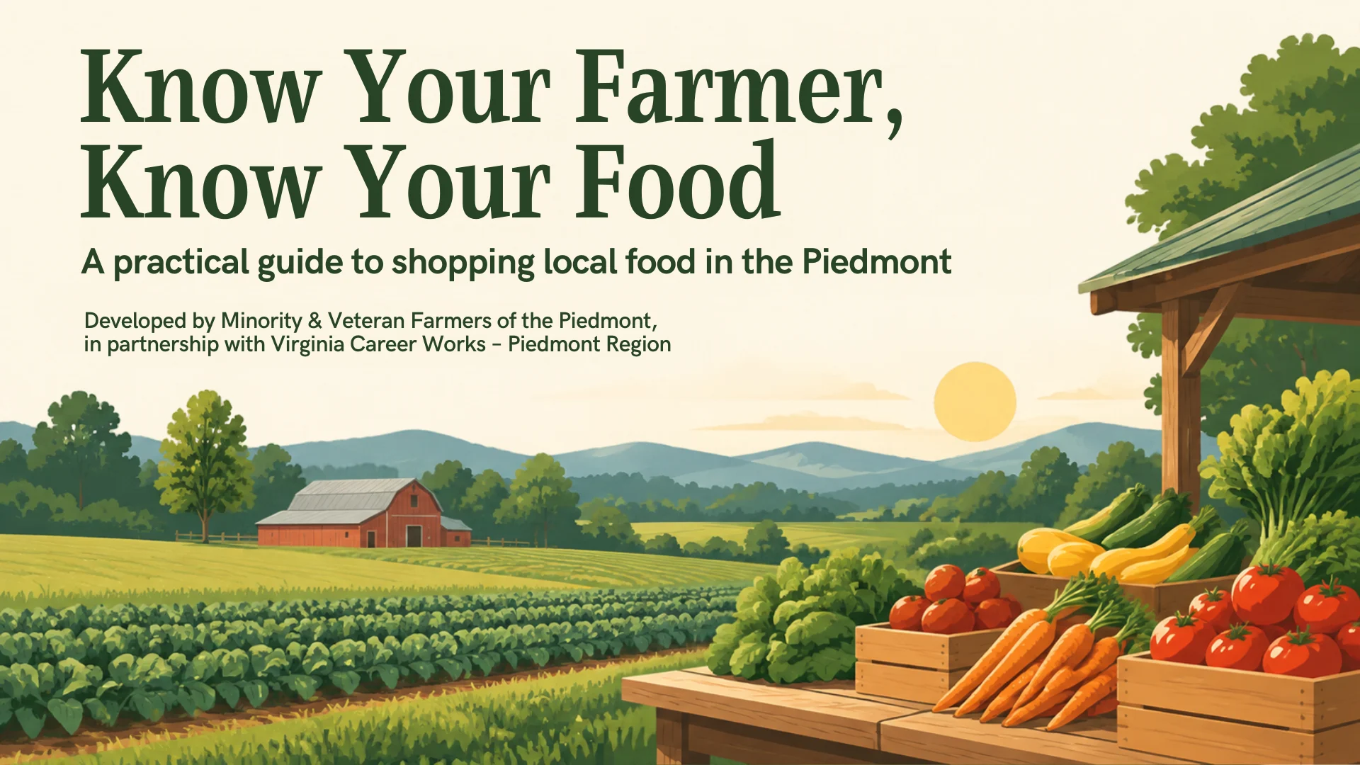Educational poster titled Know Your Farmer, Know Your Food, featuring a field, a red barn, and wooden crates filled with fresh vegetables.