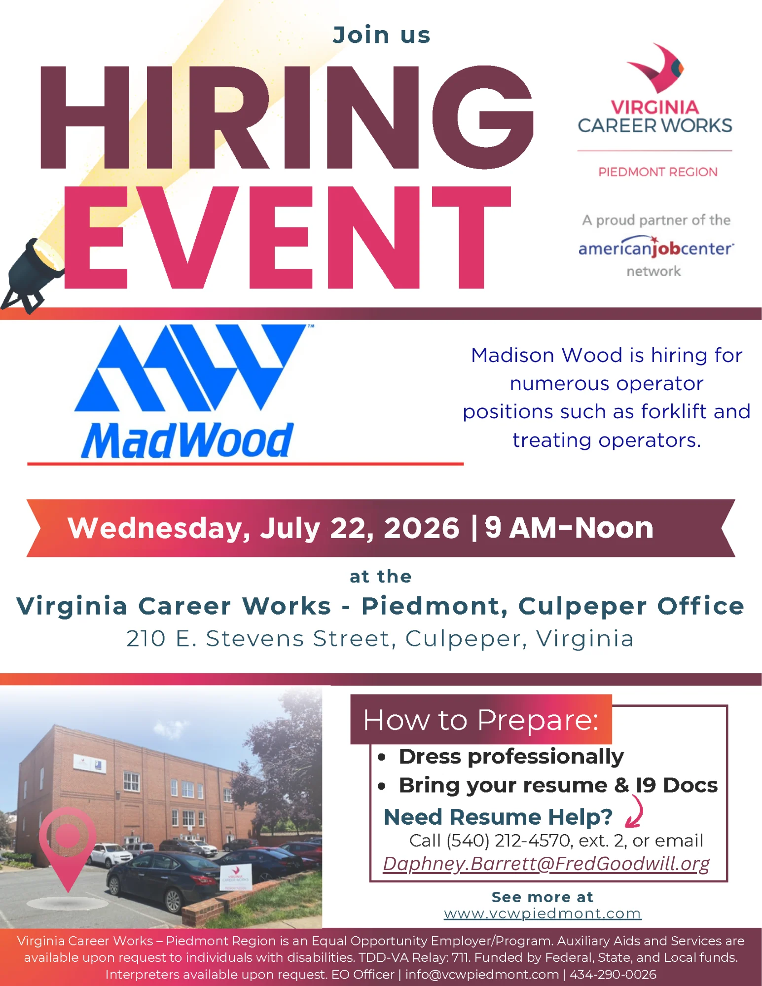 Flyer for a hiring event at Virginia Career Works in Culpeper, VA on July 22, 2026, from 9 AM to noon. Madison Wood seeks operator positions. Instructions for applying and contact details are provided.