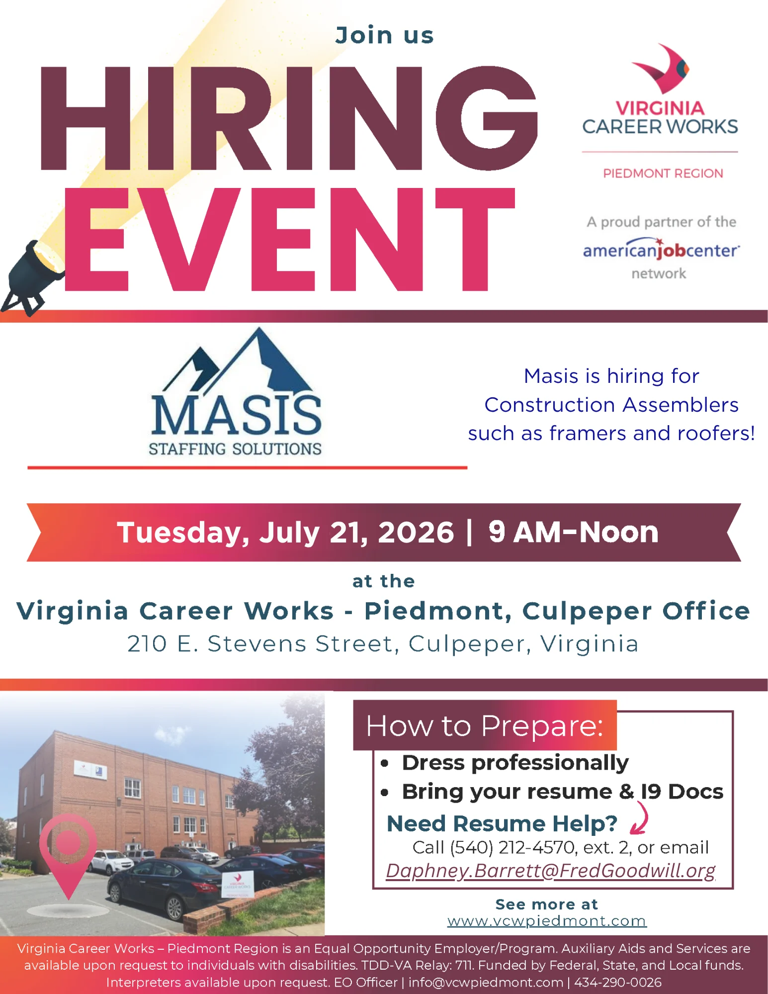 Flyer for a Hiring Event on July 21, 2026, at Virginia Career Works in Culpeper, VA, seeking construction assemblers, with details about time, location, and tips for applicants.