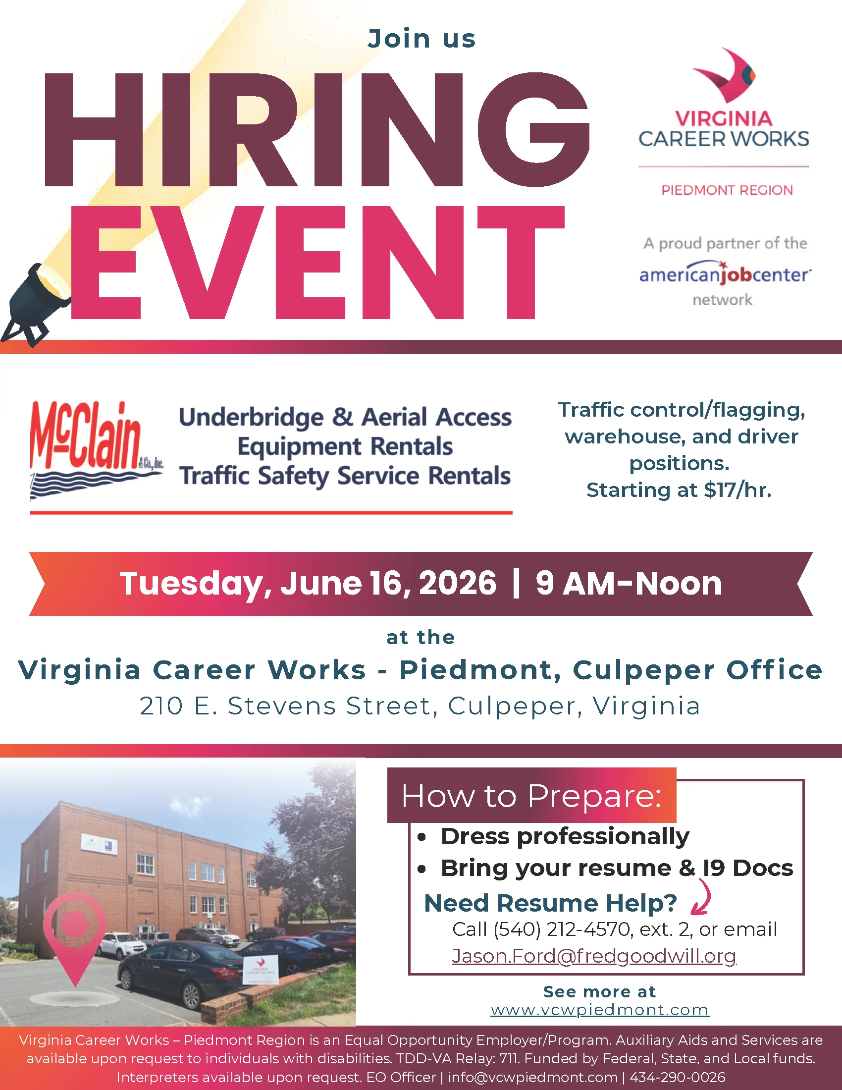 Flyer for a hiring event by Virginia Career Works, June 16, 2026, 9AM–Noon, in Culpeper, VA. McClain is hiring traffic control/flagging, warehouse, and driver positions, starting at $17/hour. Prep tips and contact info included.