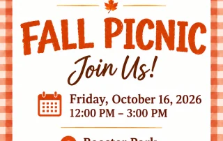Invitation for a fall picnic with autumn leaves, a pumpkin, and a picnic basket. Event details: October 16, 2026, 12–3 PM at Booster Park, Orange, VA. Hosted by OAR of Central Virginia.