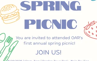 Colorful flyer for OAR’s first annual spring picnic, featuring picnic-themed illustrations (hat, burger, flower, strawberry, grill, butterfly, sandwich). Event is on May 20, 2026, from 12–3pm at Darden Towe Park, Charlottesville, VA.