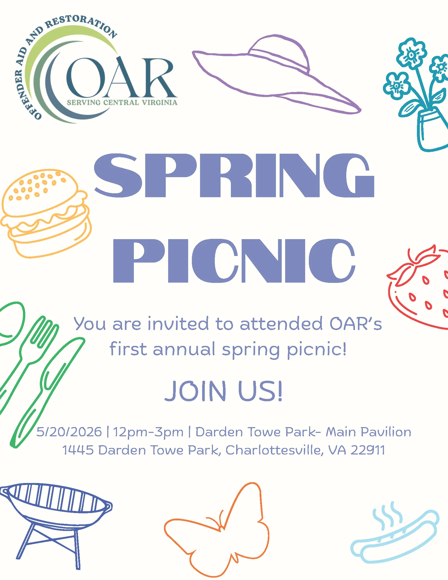 Colorful flyer for OAR’s first annual spring picnic, featuring picnic-themed illustrations (hat, burger, flower, strawberry, grill, butterfly, sandwich). Event is on May 20, 2026, from 12–3pm at Darden Towe Park, Charlottesville, VA.