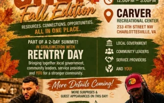 Flyer for One Stop Shop: Fall Edition, an event on Sept. 24, 12–3 PM at Carver Rec Center, Charlottesville, with job, community, and resource info, plus DJ Runway and Chef G. Orange autumn leaves background.