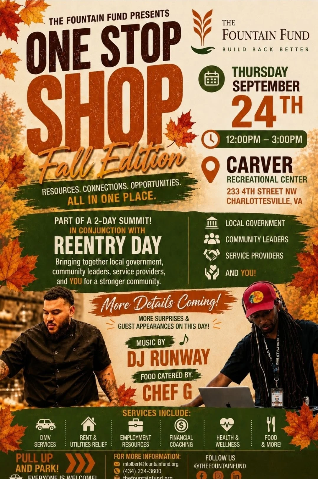 Flyer for One Stop Shop: Fall Edition, an event on Sept. 24, 12–3 PM at Carver Rec Center, Charlottesville, with job, community, and resource info, plus DJ Runway and Chef G. Orange autumn leaves background.