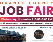 Flyer for an Orange County Job Fair on Wednesday, November 4, from 3:00 to 5:00 PM at the Orange County Train Depot, hosted by Think Orange VA and Virginia Career Works.