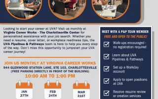 Flyer for UVA Pipelines & Pathways 2026 Pop Up Events with event dates, location, and times; information about services offered, including career support; and contact details with colorful icons and text blocks on a blue and orange background.