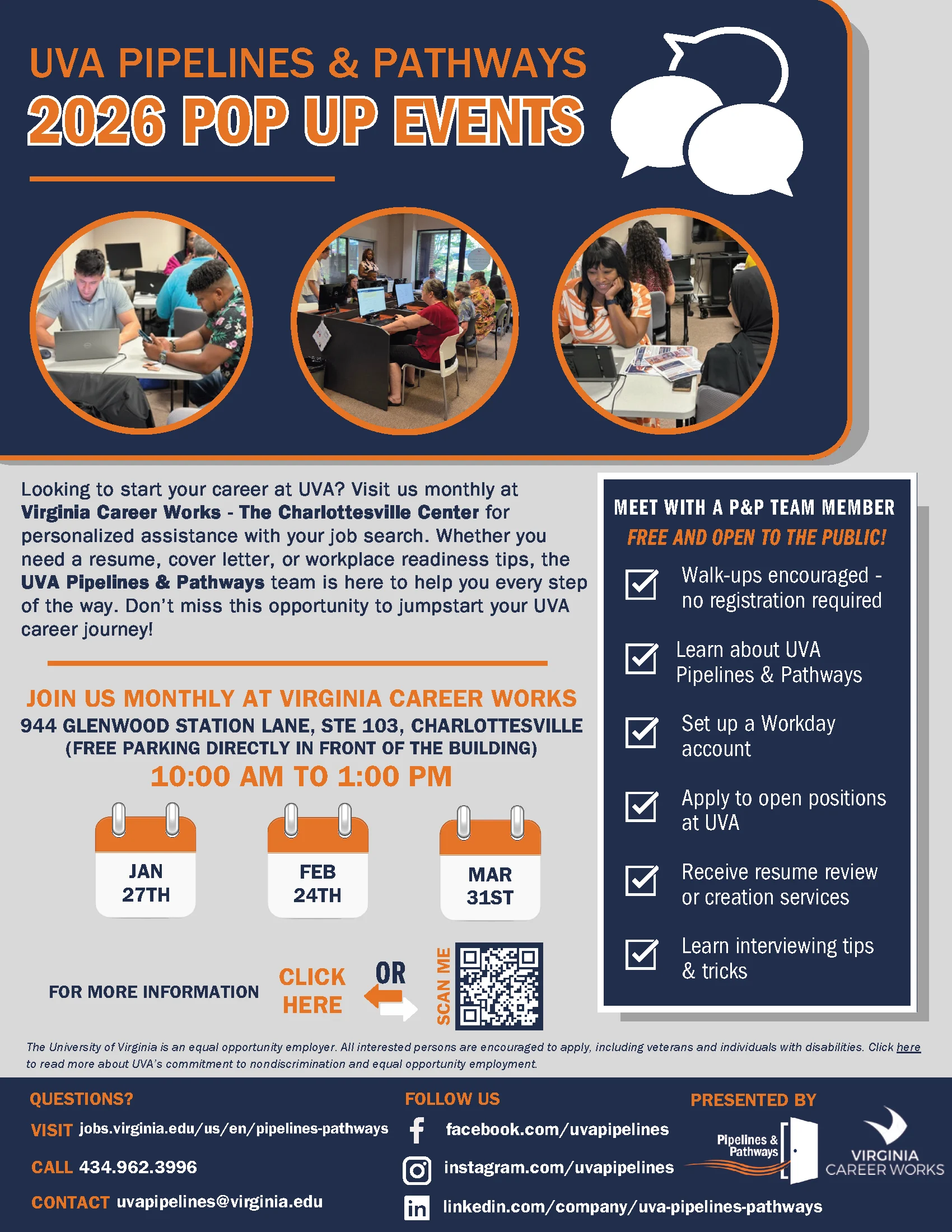 Flyer for UVA Pipelines & Pathways 2026 Pop Up Events with event dates, location, and times; information about services offered, including career support; and contact details with colorful icons and text blocks on a blue and orange background.