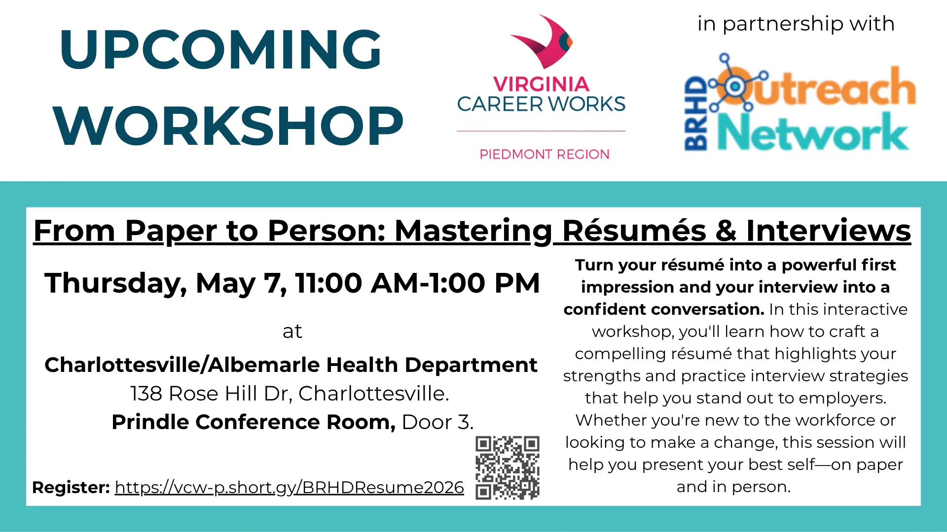Workshop flyer titled From Paper to Person: Mastering Résumés & Interviews on May 7, 11 AM–1 PM at Charlottesville/Albemarle Health Department. Hosted by Virginia Career Works and BRHD Outreach Network.