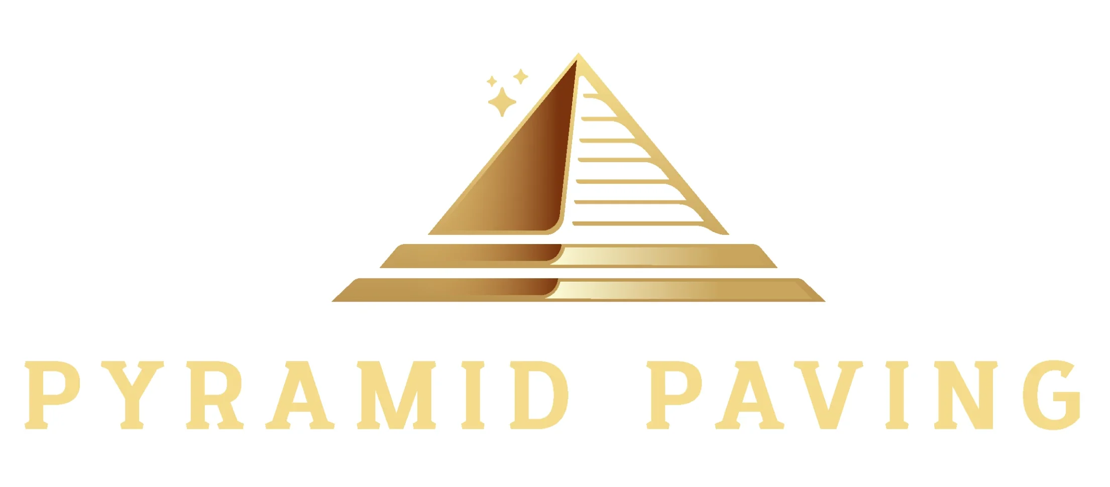 Paving White Logo A gold pyramid logo with sparkles above it and the words PYRAMID PAVING in gold capital letters beneath the pyramid, all on a white background.