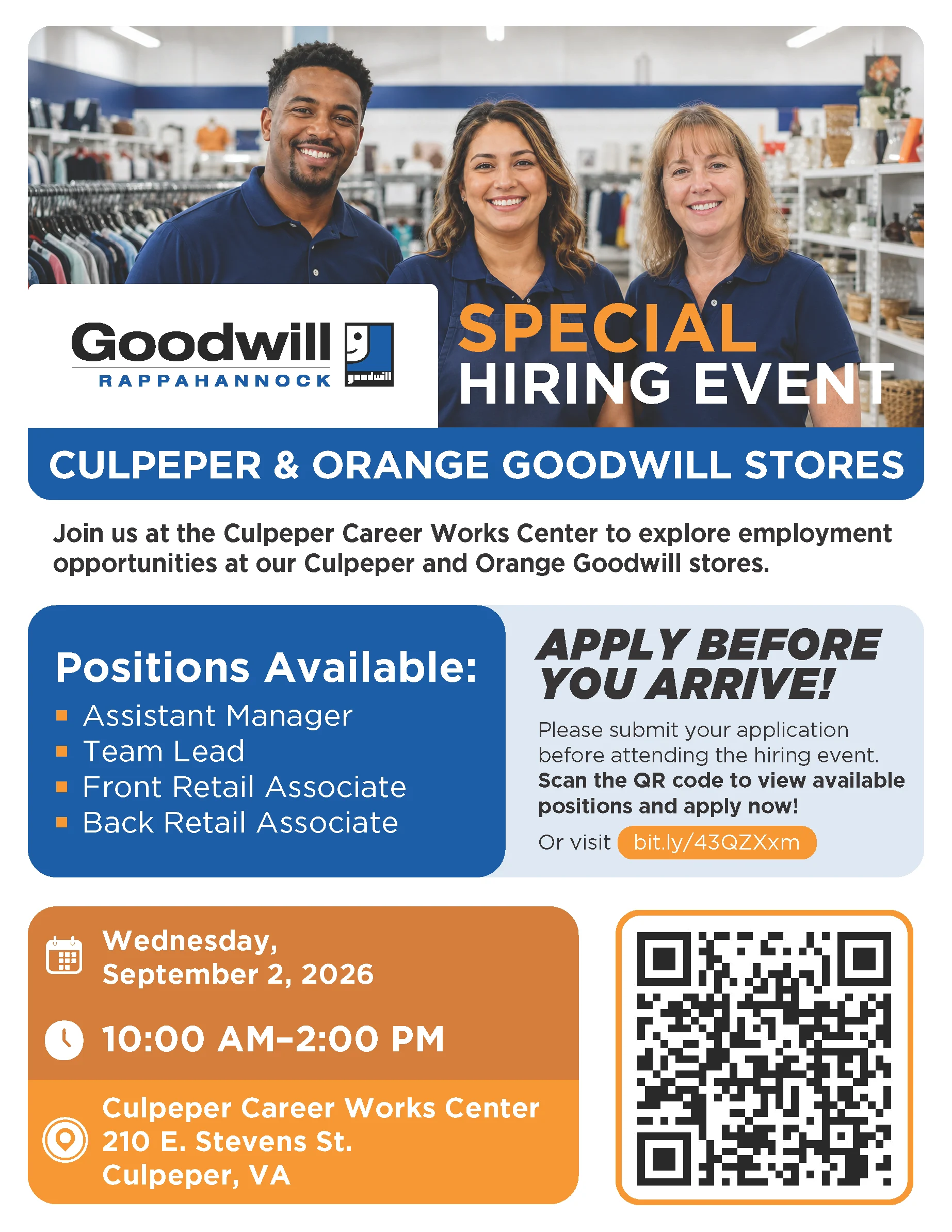 Three smiling people stand behind a counter. Text advertises a Goodwill special hiring event, listing job positions and event details, with a QR code for online applications before attending. Event is September 2, 2026, in Culpeper, VA.