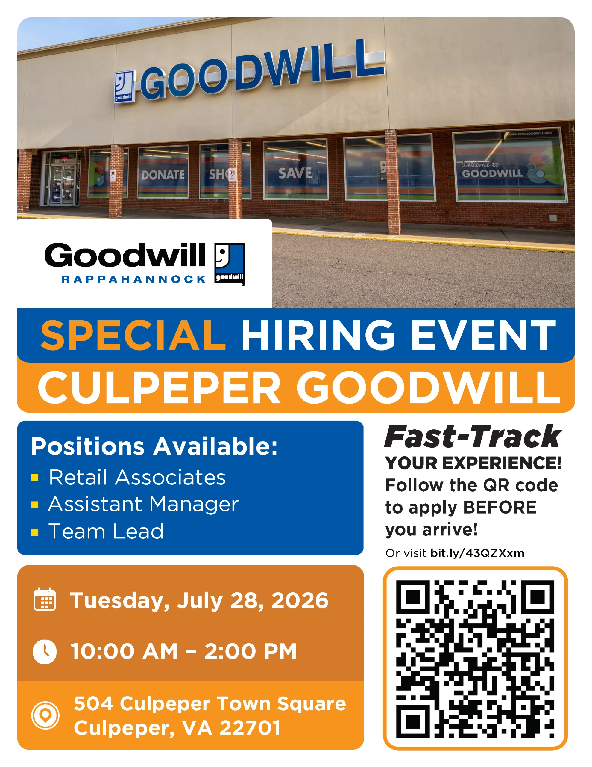 Goodwill storefront with hiring event info: positions available, date July 28, 2026, 10 AM–2 PM at 504 Culpeper Town Square, Culpeper, VA. QR code and instructions to apply before arrival.