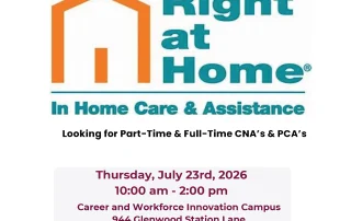 Flyer for a hiring event by Right at Home In Home Care & Assistance for part-time and full-time CNA and PCA roles, held July 23, 2026, 10am-2pm at Career and Workforce Innovation Campus, Charlottesville, VA.