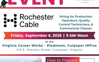 Flyer for a hiring event at Virginia Career Works, Piedmont, Culpeper. Rochester Cable seeks various positions. Event is on September 4, 2026, 9AM–Noon. Tips for attending and contact details are provided.
