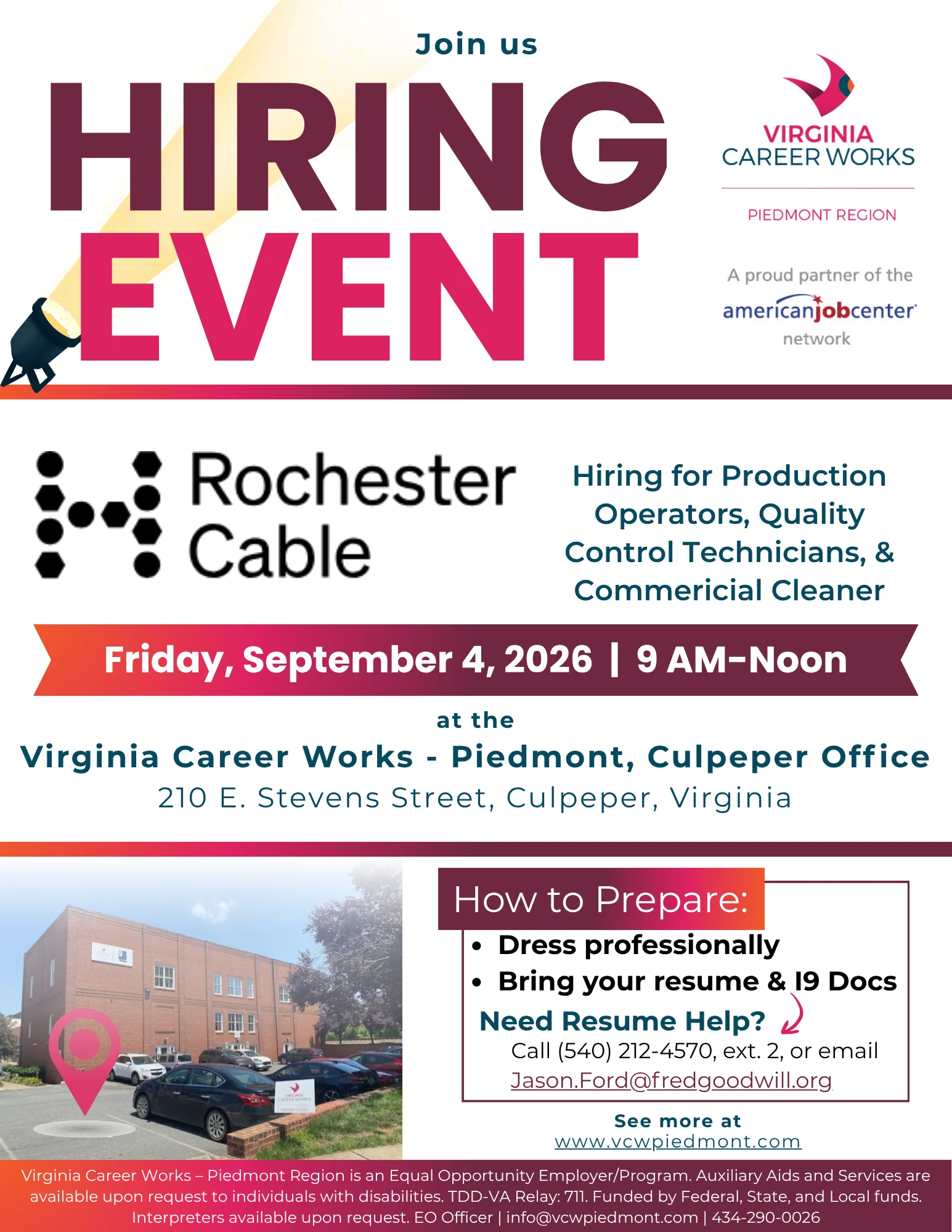 Flyer for a hiring event at Virginia Career Works, Piedmont, Culpeper. Rochester Cable seeks various positions. Event is on September 4, 2026, 9AM–Noon. Tips for attending and contact details are provided.