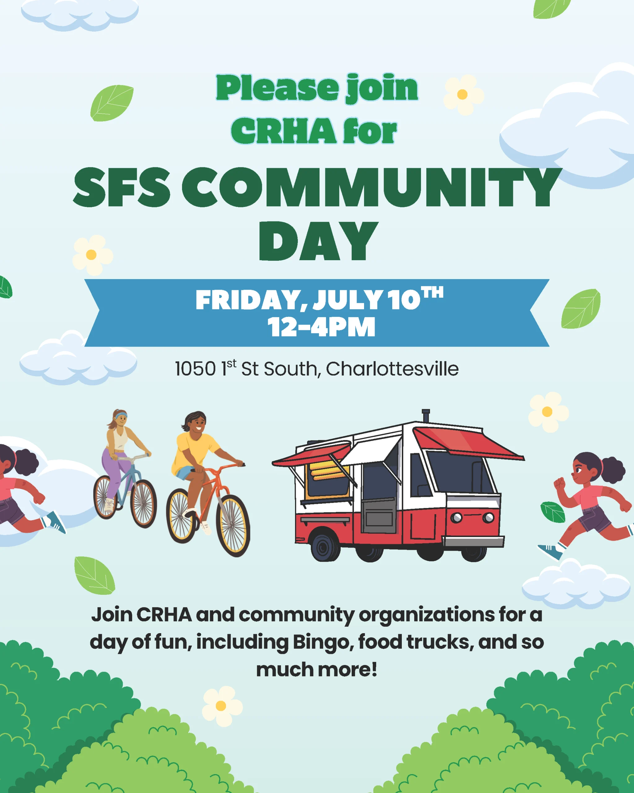 Flyer for SFS Community Day on Friday, July 10th, 12-4pm at 1050 1st St South, Charlottesville, featuring a food truck, people biking, and an invite to join for bingo, food, and fun activities.