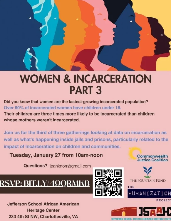 A flyer titled Women & Incarceration Part 3 invites people to a gathering on January 27, 10am-noon, to discuss the impact of women’s incarceration. RSVP link, QR code, and organizational logos are included.
