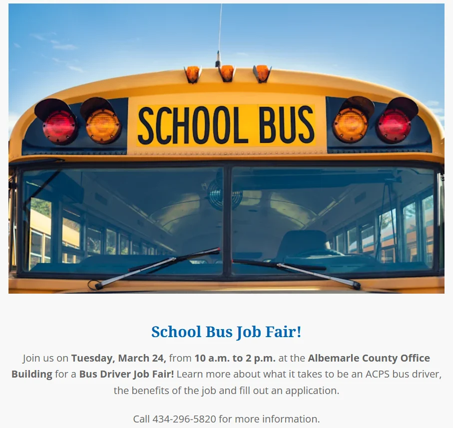 A close-up of a yellow school bus with SCHOOL BUS sign on top. Below is an announcement for a School Bus Job Fair with event details, inviting people to learn about becoming a bus driver.