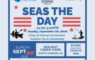 Event flyer for Seas the Day, a veteran family event at Walnut Creek Park, Sept 20, 2026, 12-3 PM, with food, activities, support organization logos, and a kayak raffle. Patriotic red, white, and blue design.