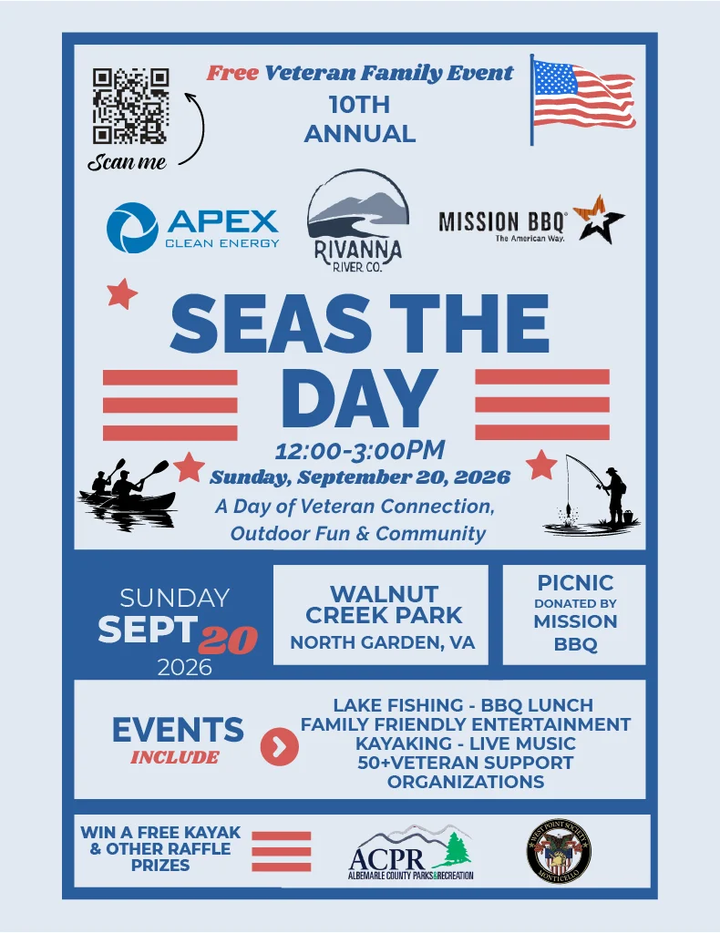 Event flyer for Seas the Day, a veteran family event at Walnut Creek Park, Sept 20, 2026, 12-3 PM, with food, activities, support organization logos, and a kayak raffle. Patriotic red, white, and blue design.