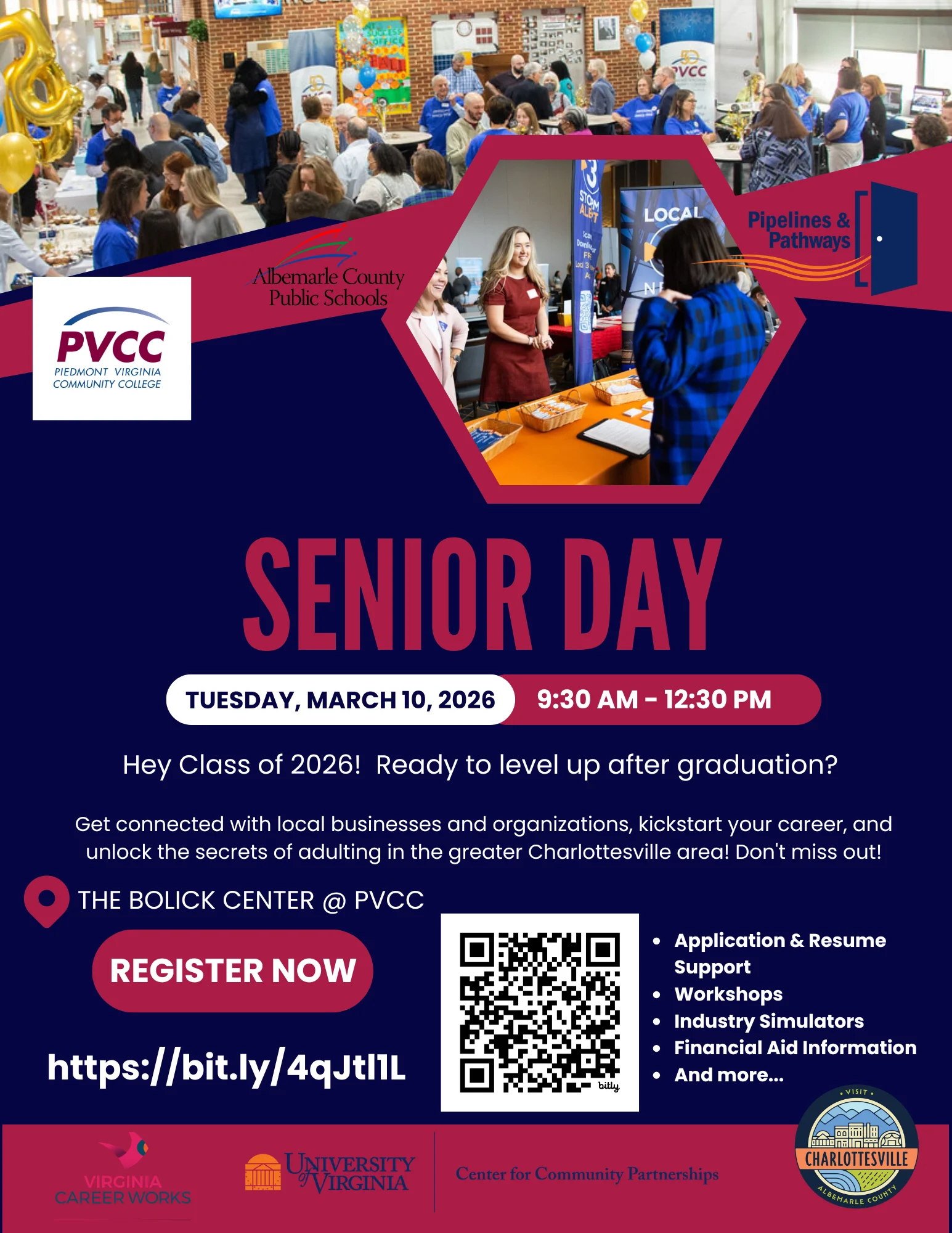 A colorful flyer for Senior Day on March 10, 2026, 9:30 AM – 12:30 PM at The Bolick Center, PVCC. It features students, business booths, and event details about career and education opportunities for graduating seniors.
