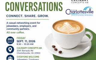 A latte in a white cup on a saucer sits beside event details for Coffee & Conversations, a networking event on Sept. 11, 2026, hosted by Culinary Concepts AB and Charlottesvilles Office of Economic Development.