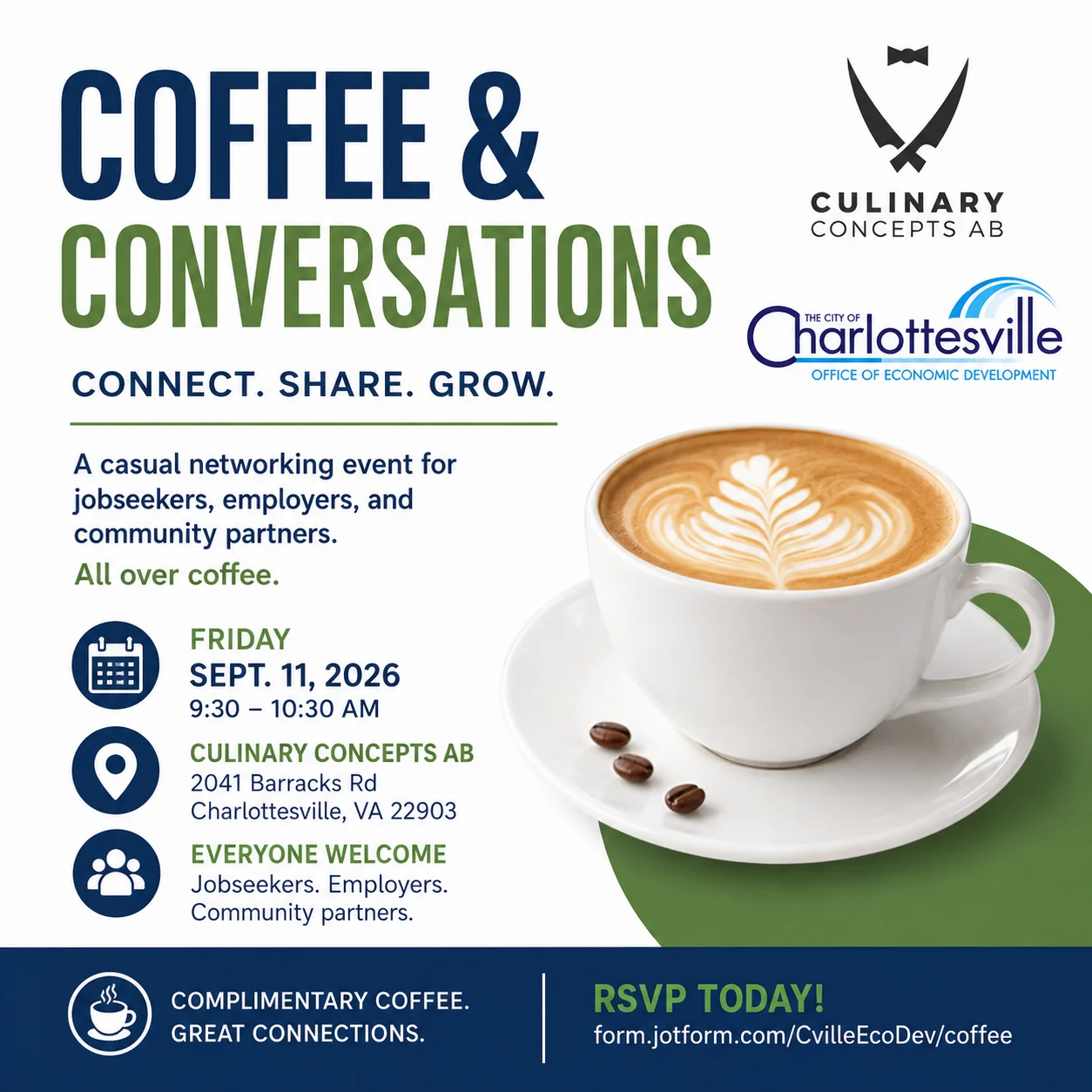 A latte in a white cup on a saucer sits beside event details for Coffee & Conversations, a networking event on Sept. 11, 2026, hosted by Culinary Concepts AB and Charlottesvilles Office of Economic Development.