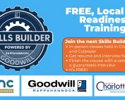 Flyer for Virginia Career Works’ Skills Builder Course offering job readiness training, including soft skills, resume help, and guaranteed interviews. Classes are in Charlottesville, March 6–27. Register today, get upskilled, and get hired.