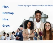 A diverse group of professionals and graduates smile in front of a Virginia state outline. Text reads: Plan. Develop. Hire. Grow. Free Employer Resource for Workforce Success, with related icons beside each word.