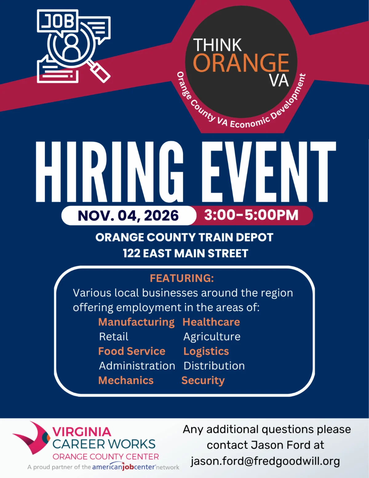 Hiring event flyer for Think Orange VA on November 4, 2026, from 3:00 to 5:00 PM at the Orange County Train Depot, featuring various local employers in fields including manufacturing, healthcare, and retail.
