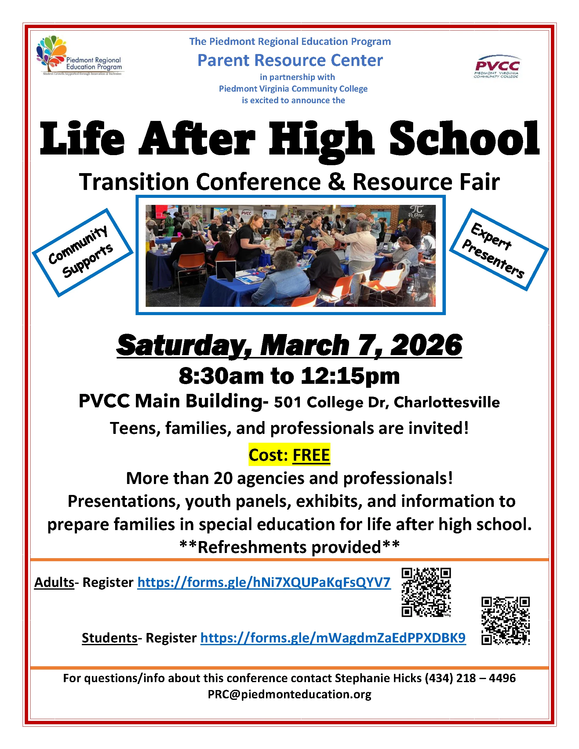Flyer for “Life After High School” Transition Conference & Resource Fair on March 7, 2026, at PVCC Main Building, Charlottesville. Over 20 agencies, free admission, and refreshments. Includes registration and contact info.