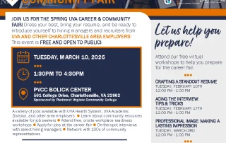 A colorful flyer promotes the UVA Career & Community Fair on March 10, 2026, at PVCC in Charlottesville, featuring event details, sponsor logos, QR codes, images of past fairs, and tips for preparing for the event.