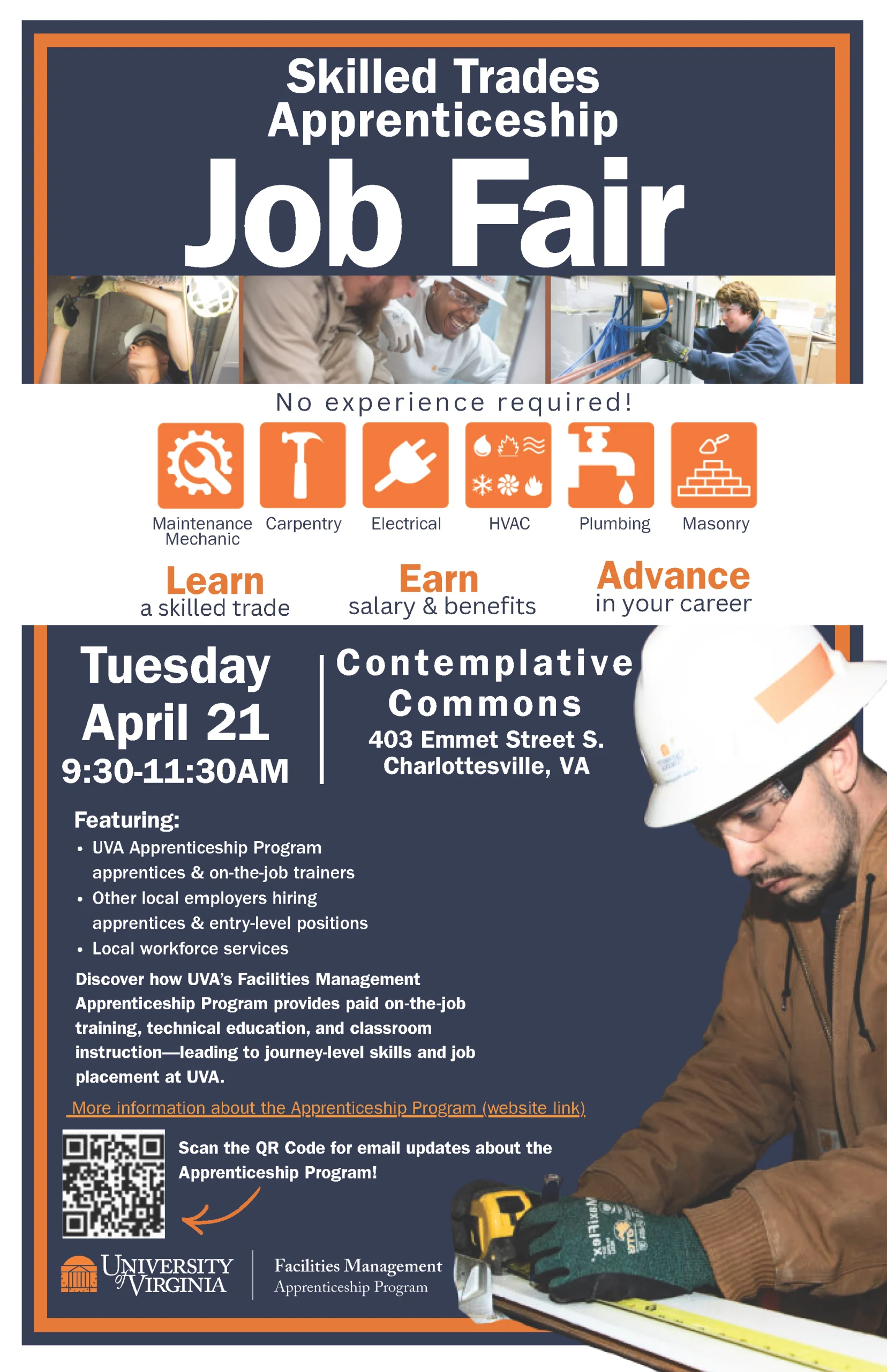Job fair poster for skilled trades apprenticeships at UVA, with dates, time, location, and details. Images include workers with helmets and tools, and icons for building trades like mechanics and HVAC. Text highlights learning and career advancement.