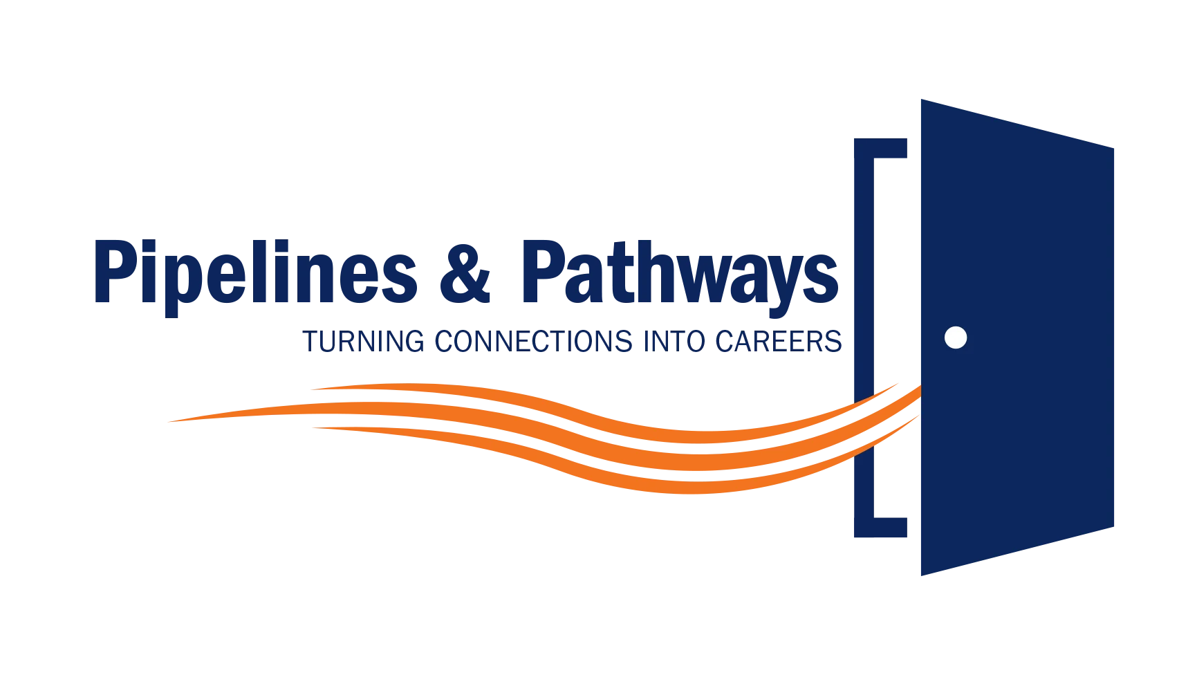 UVA P&P Pipelines and Pathways_2025 Logo with text Pipelines & Pathways: Turning Connections Into Careers, featuring orange lines flowing from the text through an open blue door on the right.
