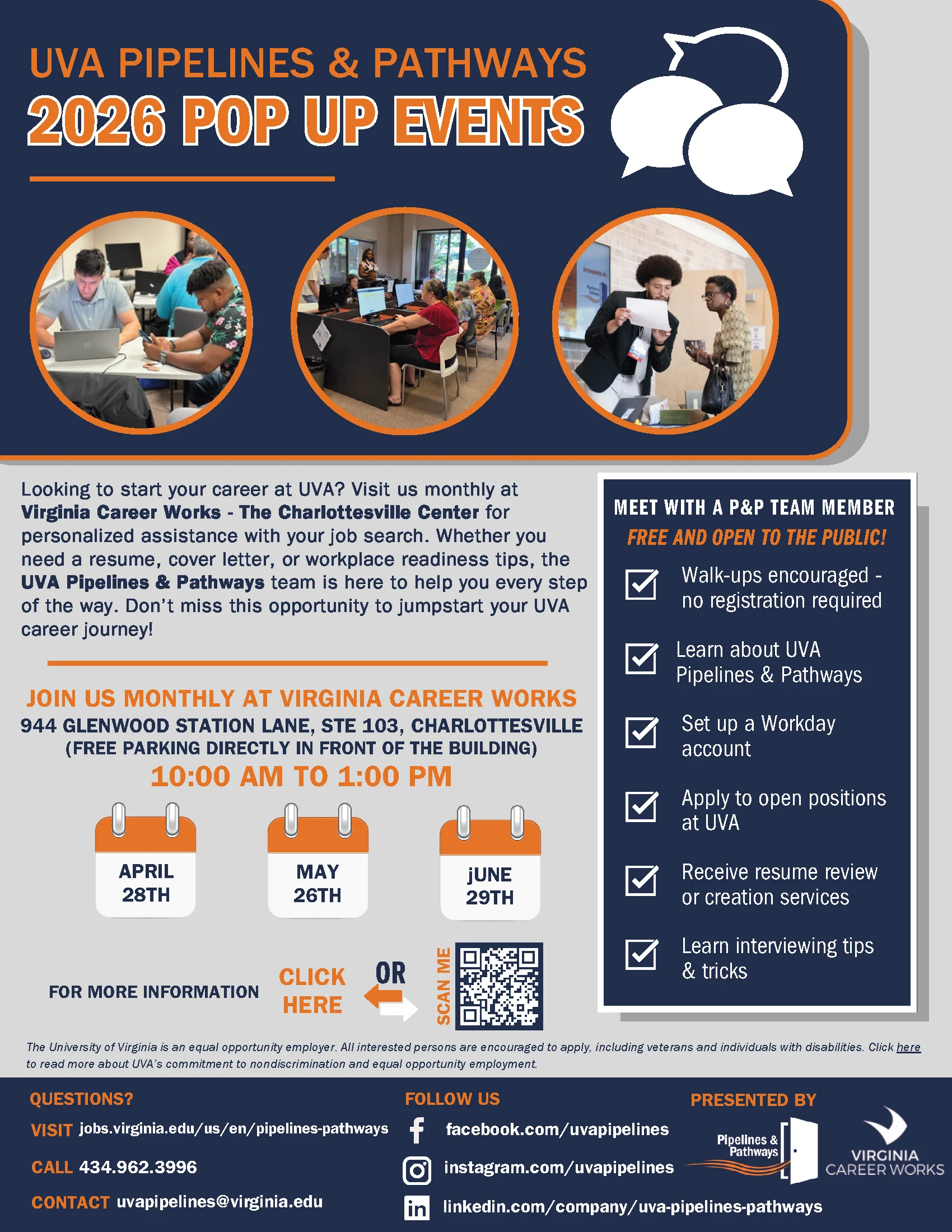 Flyer for UVA Pipelines & Pathways 2026 Pop Up Events at Virginia Career Works, Charlottesville. Dates: April 28, May 26, June 28, 10 AM–1 PM. Offers career resources, resume reviews, job search help, and info sessions.