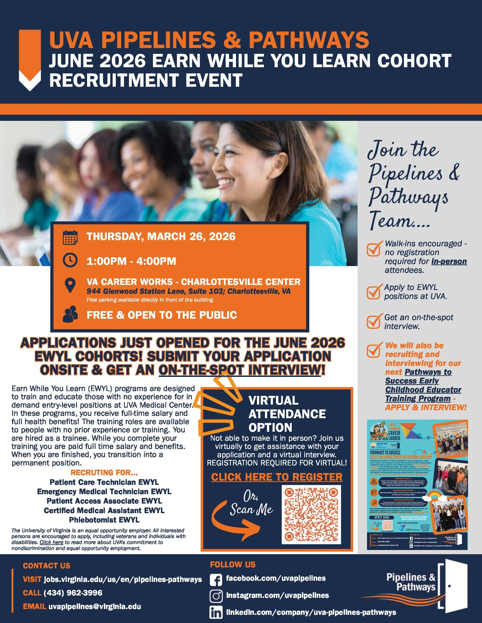 Flyer for the UVA Pipelines & Pathways June 2026 Earn While You Learn Recruitment Event on March 26, 2026, with event details, application info, job opportunities, and contact information. Includes graphics and group photo.