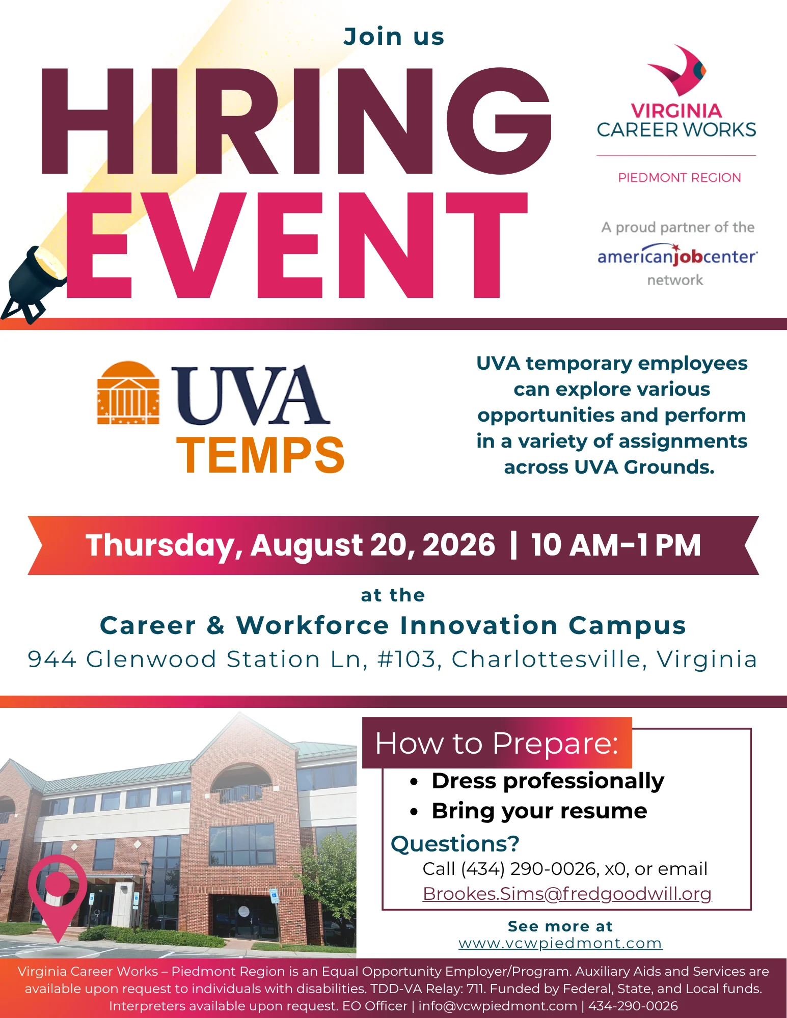Flyer for a UVA hiring event on August 20, 2026, from 10 AM–1 PM at 944 Glenwood Station Ln, Charlottesville, VA, with details on dress and resume. Hosted by Virginia Career Works.
