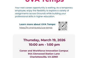 Flyer for a UVA Temps hiring event on March 19, 2026, 10 am–1 pm, at the Career and Workforce Innovation Campus in Charlottesville, VA. Includes registration link and contact info at the bottom.
