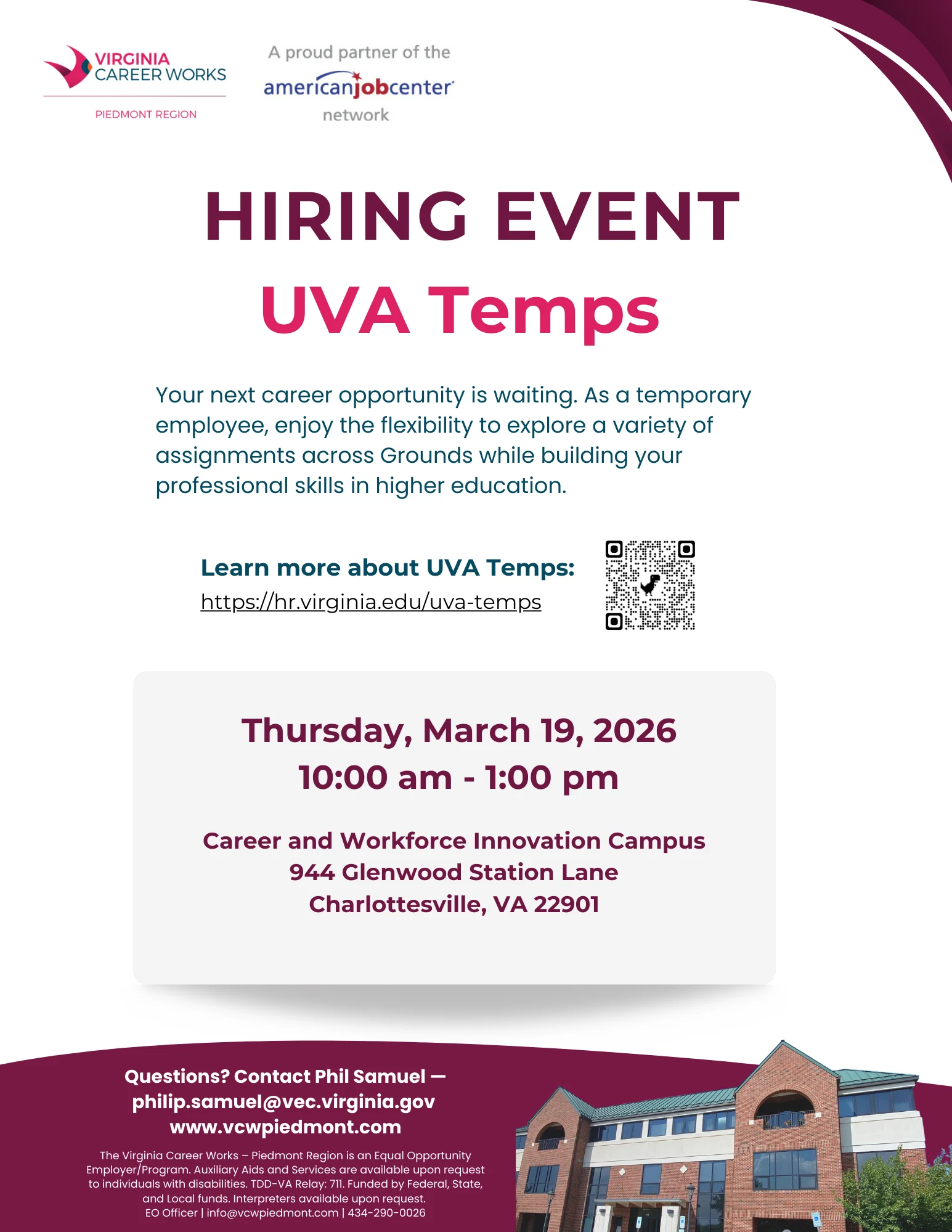 Flyer for a UVA Temps hiring event on March 19, 2026, 10 am–1 pm, at the Career and Workforce Innovation Campus in Charlottesville, VA. Includes registration link and contact info at the bottom.