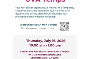 Flyer for a UVA Temps hiring event on June 18, 2026, from 10 am to 1 pm at the Career and Workforce Innovation Campus in Charlottesville, VA. Includes event details, contact info, and a link to learn more about UVA Temps.
