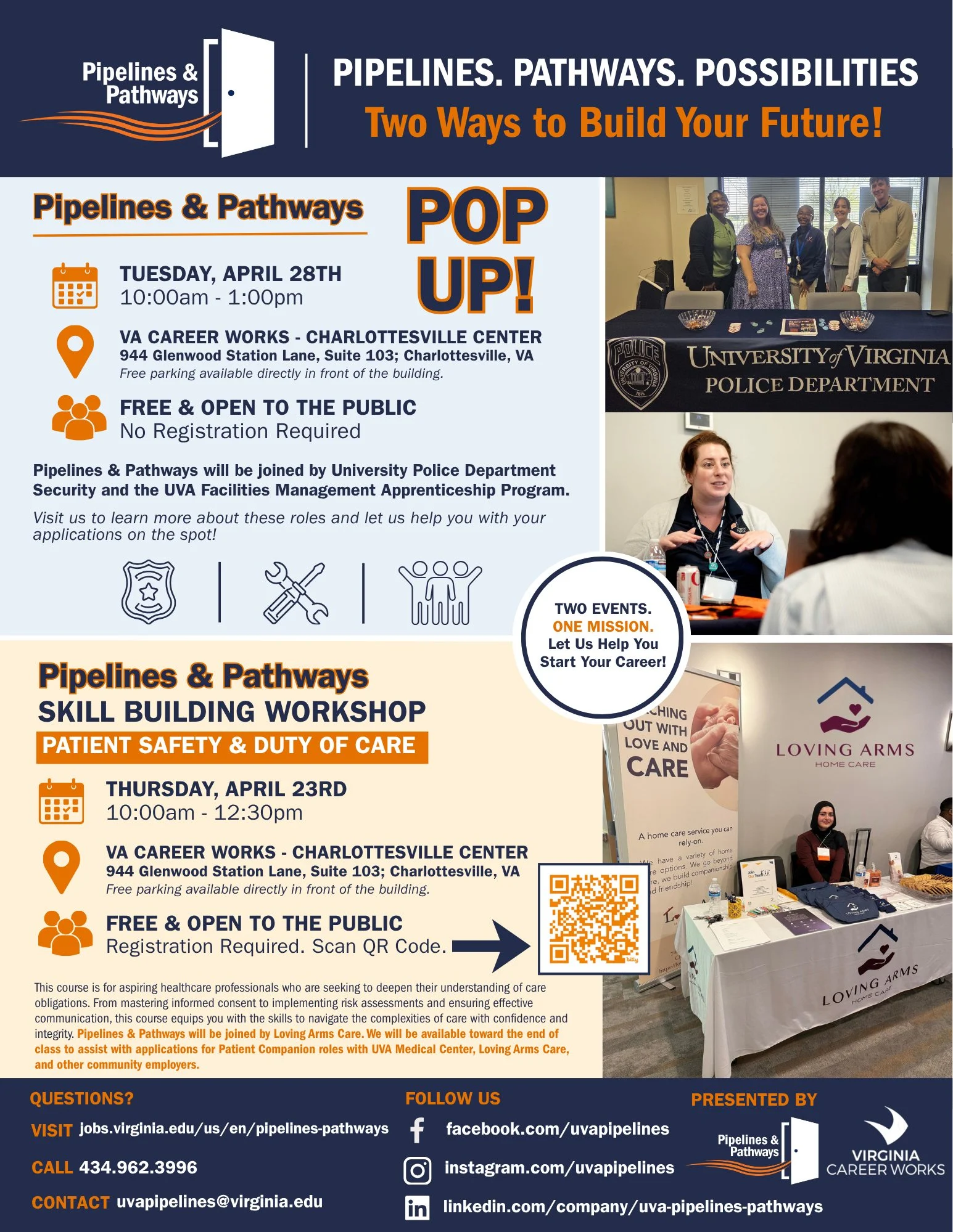 Flyer for “Pipelines & Pathways” events in April 2024, featuring info on a pop-up career workshop and a skill-building workshop, with photos of presenters and attendees, and contact details at the bottom.
