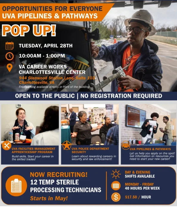Flyer advertising a UVA Pipelines & Pathways pop-up event for career opportunities, featuring images of people in various job roles, event details, and info about a 12-week sterile processing technician course.