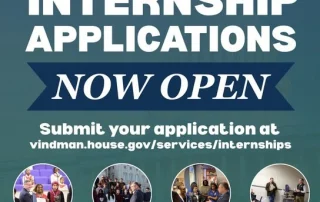Flyer announcing VA-07 Internship Applications Now Open. It directs applicants to apply at vindman.house.gov/services/internships and includes small photos of people at events. Contact info is listed at the bottom.
