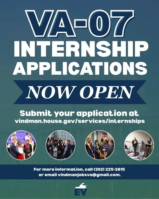 Flyer announcing VA-07 Internship Applications Now Open. It directs applicants to apply at vindman.house.gov/services/internships and includes small photos of people at events. Contact info is listed at the bottom.
