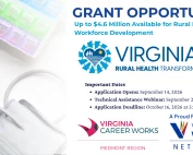Flyer for Virginia Rural Health Transformation grant, offering up to $4.6M for rural healthcare workforce. Key dates: applications open 9/14/26, webinar 9/21/26, deadline 10/16/26. Includes logos and medical items.