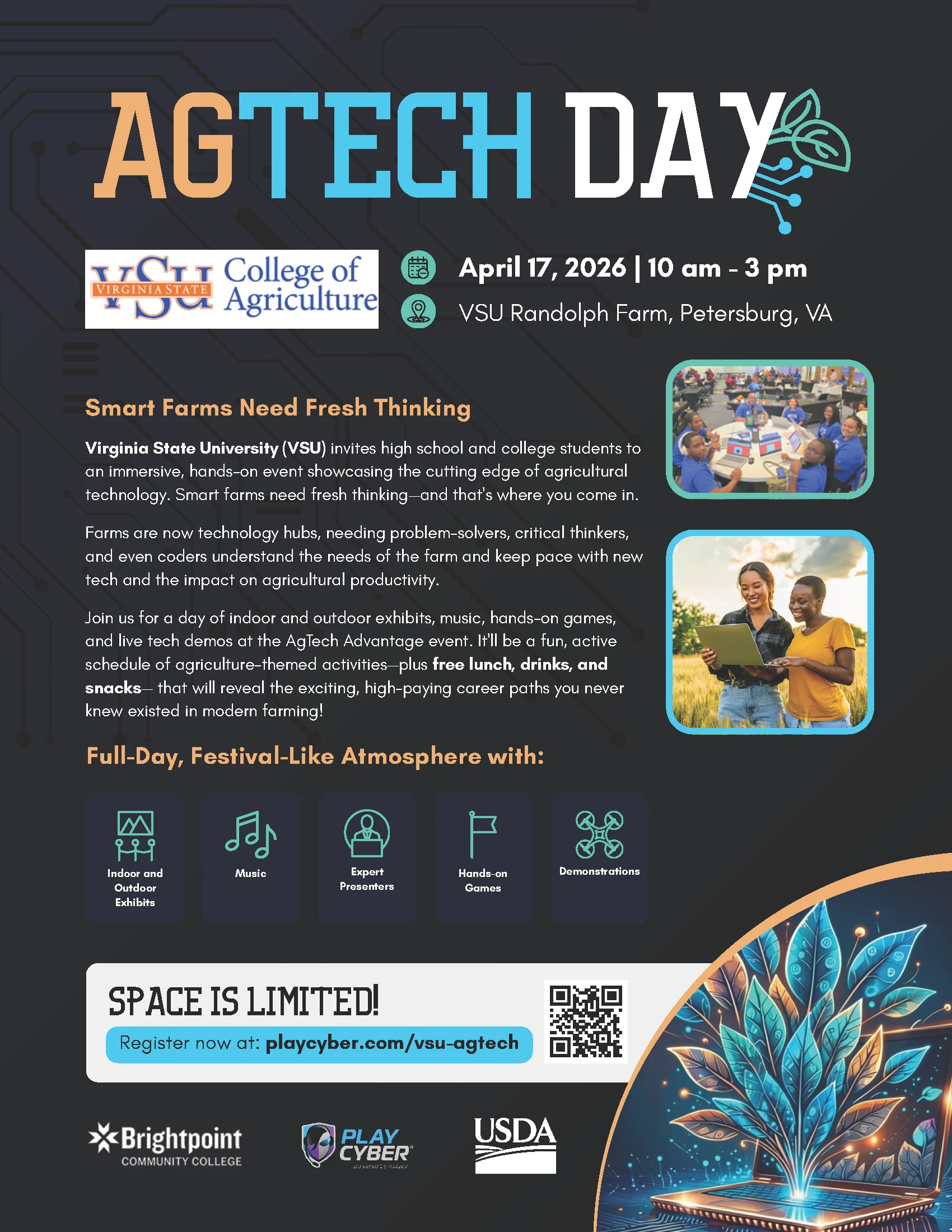 Flyer for AGTECH DAY on April 17, 2026, at VSU Randolph Farm, hosted by VSU College of Agriculture. Includes event details, farm images, and icons showing demonstrations, gaming, exhibits, food, and activities.