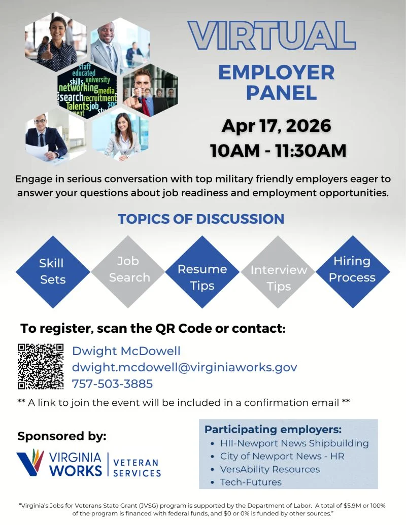Flyer for a virtual employer panel on April 17, 2026, 10AM-11:30AM, discussing skills, job search, resume, interview, and hiring for military-friendly job seekers; registration info and sponsor logos included.