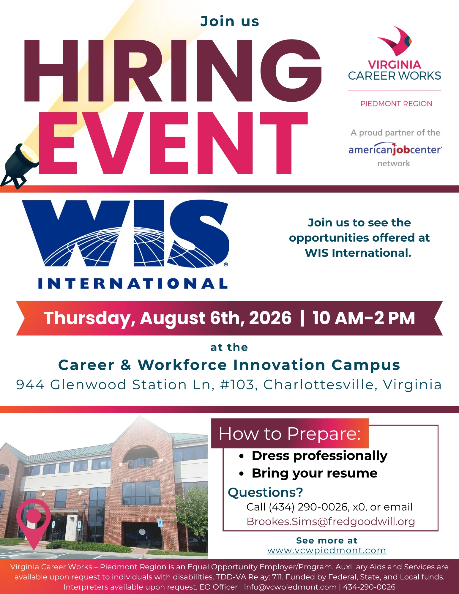 Flyer for a hiring event by Virginia Career Works and WIS International on Aug 6, 2026, 10 AM-2 PM, at 944 Glenwood Station Ln, Charlottesville, VA. Includes dress professionally and bring resume tips.