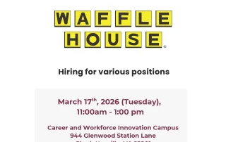 Flyer for a Waffle House hiring event on March 17th, 2026, from 11:00am–1:00pm at the Career and Workforce Innovation Campus in Charlottesville, VA. Contact and website info shown at the bottom.
